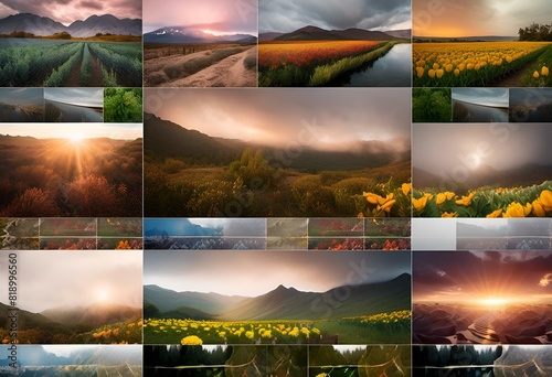 AI generated illustration of various mountain images with vibrant sunset colors in the backdrop