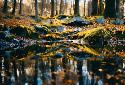 AI generated illustration of trees  bushes  water  and mosses reflect in the water s surface