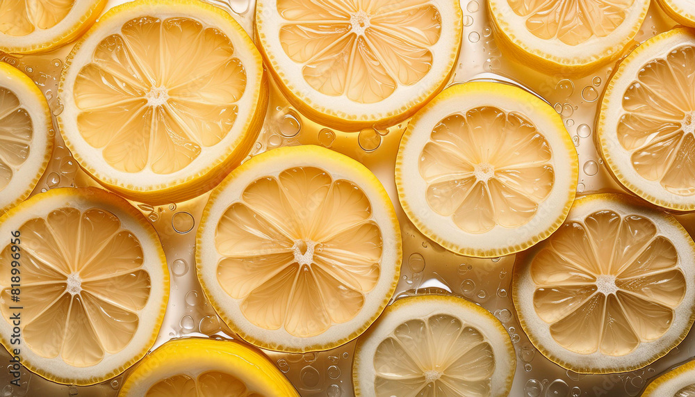 Slice of lemon with water droplets, top view, white background Slice of lemon with water droplets, top view, white background