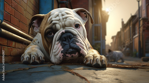 A Bulldog with a curious expression, investigating something fascinating in a vibrant urban setting. photo
