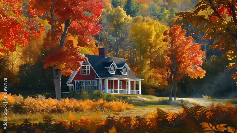 picturesque scene of a farmhouse standing proudly against a backdrop of colorful autumn trees, their leaves ablaze with fiery hues.