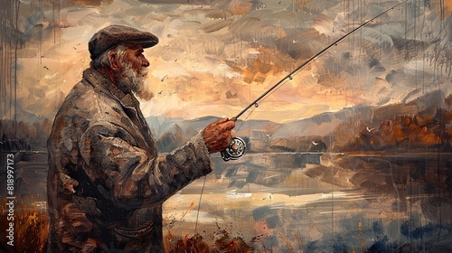 Image photo painting bearded fisherman catching with a fishing pole difficult have complications resting hobby countryside village lak  photo