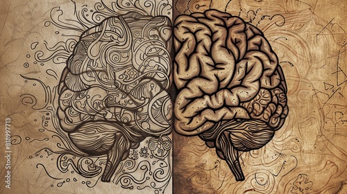 Left right human brain concept, textured illustration. Creative left and right part of human brain, emotial and logic parts concept with social and business doodle illustration of left side, and art   photo