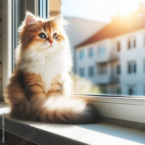 cute cat sitting next to the window, sunset