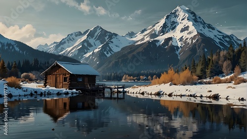 wooden hut by a river with a snow-capped mountain in the distance  creative painting-style illustration with a gritty brushstroke feel  and generative artificial intelligence