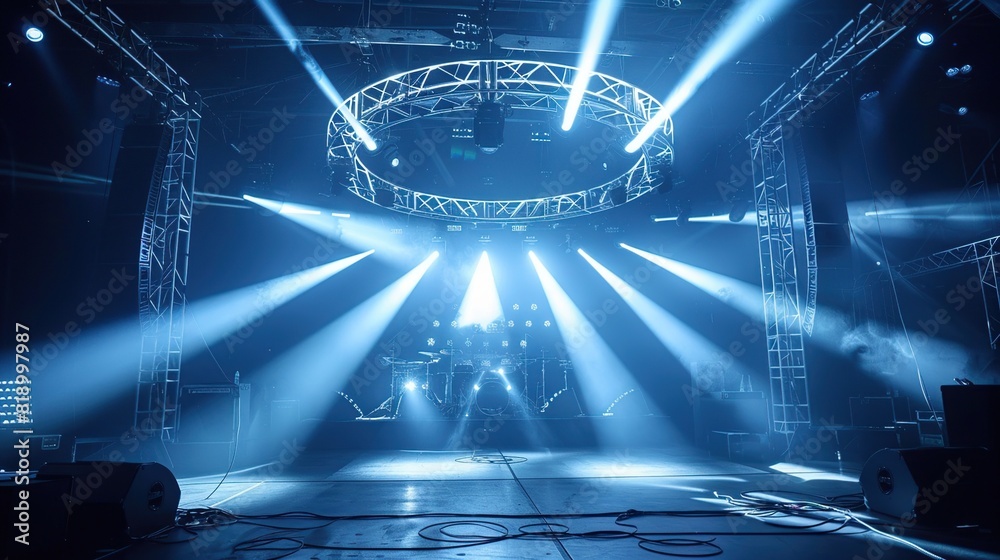 Live stage production with a circular light truss, in a center stage