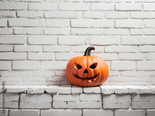 Halloween theme background. Orange Halloween pumpkin with scary face on a shelf with white brick wall background free space