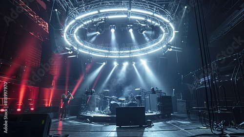 Live stage production with a circular light truss, in a center stage type live venue. Stage rigging equipment and PA systems being carried in. Dj, electronic music type setting  photo