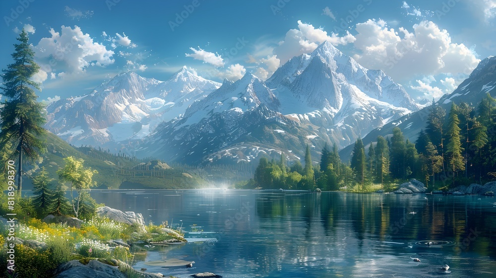 Majestic Mountain Lake Reflected in Tranquil Waters Surrounded by Evergreen Forests and Breathtaking Alpine Scenery