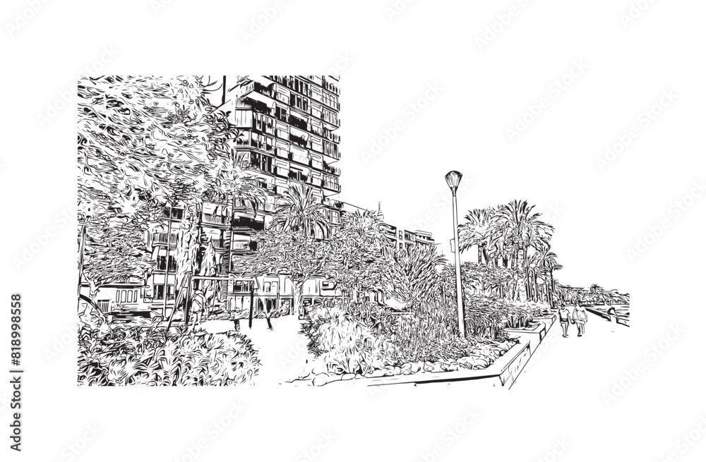 Fototapeta premium Print Building view with landmark of Santa Pola is a coastal town in Spain. Hand drawn sketch illustration in vector.
