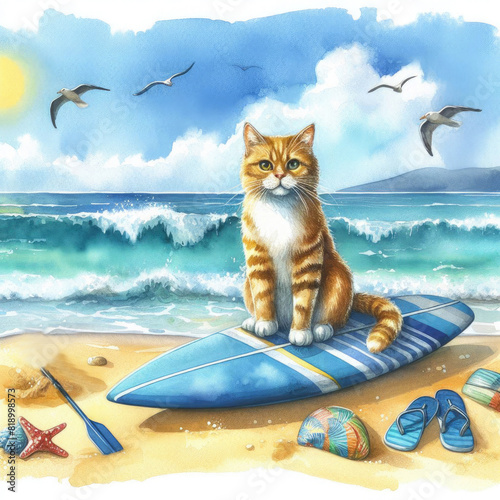 surfer cat sits on the beach near the sea and ocean. Cartoon illustration. Seashore and landscape, seagulls, sea wave, sun, concept, vacations, resorts,