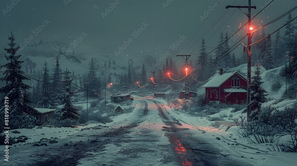 Snowy Winter Landscape with Illuminated Cabin in Remote Forested Mountain Terrain at Night Snowy Winter Landscape with Illuminated Cabin in Remote Forested Mountain Terrain at Night
