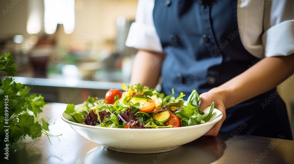 Chef presenting a fresh, colorful salad with a variety of vegetables in a professional kitchen Chef presenting a fresh, colorful salad with a variety of vegetables in a professional kitchen