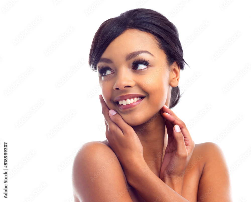 Beauty, smile and thinking with face of woman in studio isolated on white background for dermatology. Future, skincare and vision with happy model looking satisfied with vitamin c cosmetics on space Beauty, smile and thinking with face of woman in studio isolated on white background for dermatology. Future, skincare and vision with happy model looking satisfied with vitamin c cosmetics on space