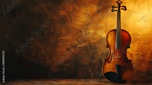 Classic violin on a textured wall. A beautifully crafted violin stands against a rustic textured wall, highlighting its intricate design and polished finish. photo