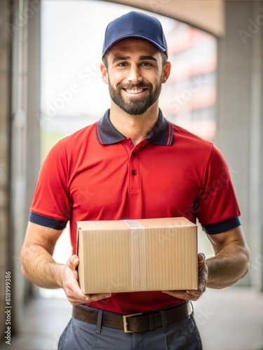 Fast Delivery Service Worker (3:4): A portrait of a fast delivery service worker in uniform, holding a small package, looking at the camera. 