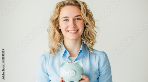 Cheerful Woman Showing Piggy Bank for Financial Planning.