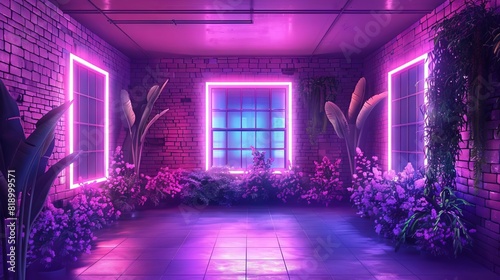 neon nature empty room with brick walls and glowing purple plants surreal interior illustration