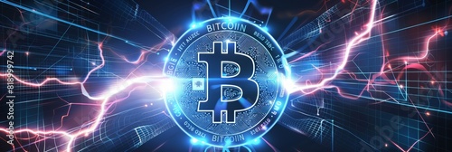 Lightning network of bitcoin blockchain technology, as well as rapid transactions per second, can also be correlated with price explosions and popularity on a wide background with copyspace photo