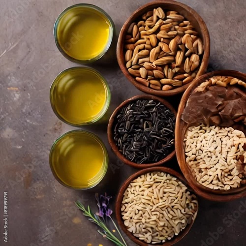 a background with rice bran oil, almond oil, kashmiri lavender, wheat gorm, sesome seeda, olive oil photo