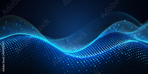This image features a flowing blue wave made of dots on a dark background. The wave starts on the left side of the image and curves its way to the right. The wave forms a valley in the middle.