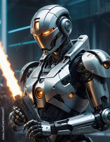 A highly detailed 3D rendering of an armored robot soldier, equipped with advanced weaponry, poised for futuristic combat.
