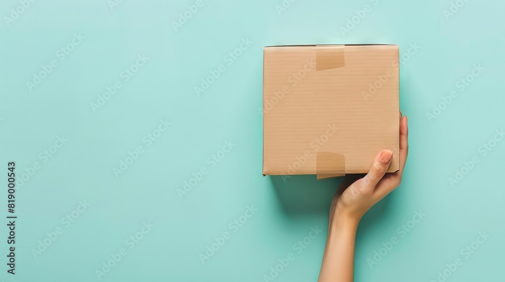 overhead view of female hand holding brown cardboard box on light blue background overhead view of female hand holding brown cardboard box on light blue background