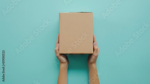 overhead view of female hand holding brown cardboard box on light blue background © furyon