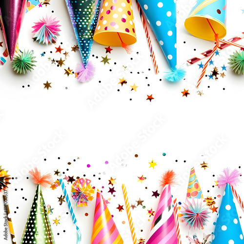 Party hats and blowouts isolated on white background, text area, png 