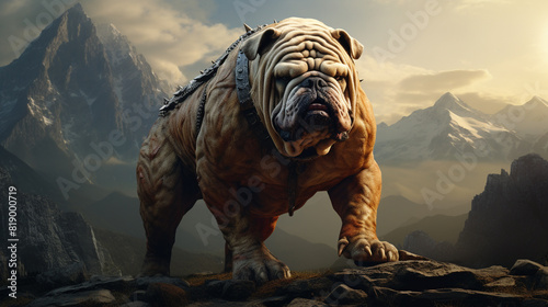 A Bulldog with a proud stance, showcasing its strength and courage against a backdrop of rugged mountains. photo