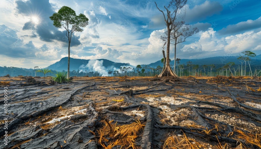 Devastated landscape showing deforested area with charred ground and uprooted trees, with mountains and sky in the background. Devastated landscape showing deforested area with charred ground and uprooted trees, with mountains and sky in the background.