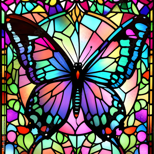 Vibrant Stained Glass Butterfly. This stunning stained glass artwork showcases a colorful butterfly  symbolizing transformation and nature   s beauty  ideal for decorative and inspirational themes.