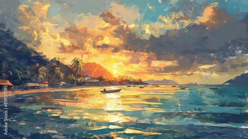 picturesque caribbean seaside town at sunset atmospheric oil painting landscape illustration