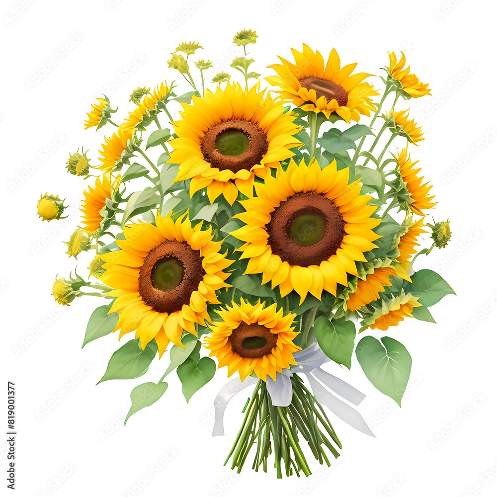 Lush sunflower bouquet illustration isolated on white. Perfect for floral designs, seasonal greetings, and decoration projects, this vibrant and detailed depiction of sunflowers brings a touch of suns