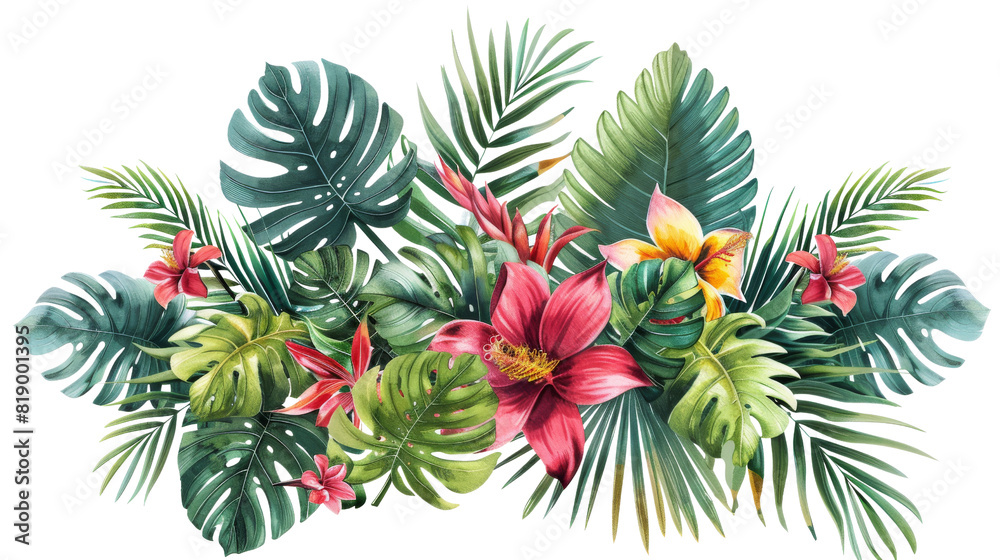 custom made wallpaper toronto digitalA vibrant painting featuring various tropical leaves and flowers in full bloom, showcasing the rich colors and intricate details of nature.