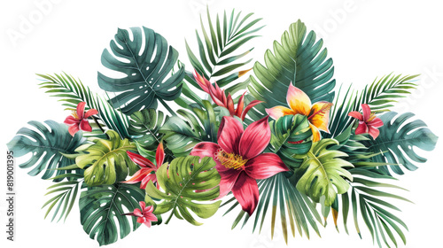 A vibrant painting featuring various tropical leaves and flowers in full bloom  showcasing the rich colors and intricate details of nature.