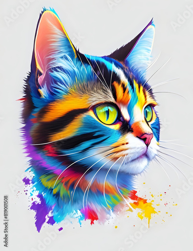 Vibrant colorful cat portrait isolated on white. Ideal for modern art  pet lovers  and creative projects  this striking illustration of a cat blends realism with a burst of colors
