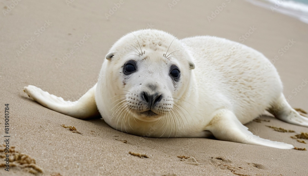 Discover this captivating image of a young seal lounging on a sandy beach, showcasing its pristine white fur and endearing gaze. Perfect for projects needing an essence of wildlife innocence or marine