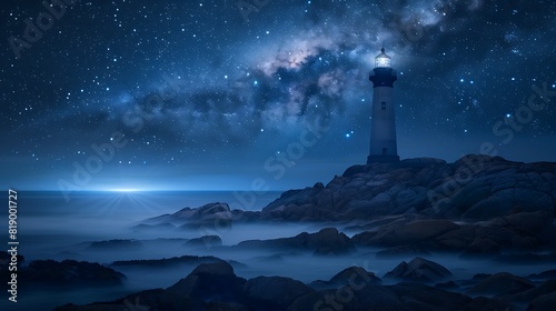 Guiding Light in Isolation: Lone Lighthouse on Rocky Coast under Starry Night Sky