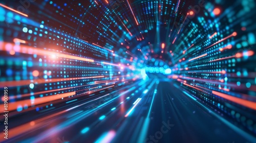 a dynamic and colorful digital environment, resembling a scene of data or information traveling rapidly through a virtual space or network. It features vibrant streaks of light in various colors