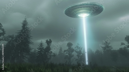 A flying saucer hovers over a forest, illuminating the ground below with a beam of light, creating an eerie and intriguing scene.

