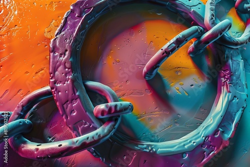 Colorful abstract close-up of metal chains with splash of vibrant paint, showcasing textures and artistic creativity.