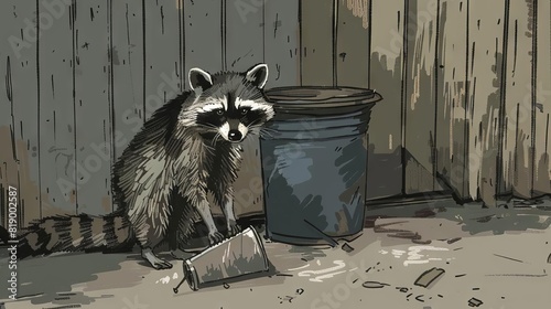 quirky sketch of mischievous raccoon rummaging through overturned garbage can in alley photo