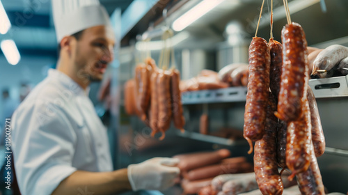 copy space, stockphoto, male butcher with many raw sausages hanging on hook in a refrigerated room. Consumation of meat. Fresh raw meat at the butcher. Preparation of sausage. photo