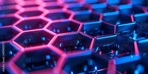 A closeup of the carbon journal honeycomb structure, glowing with neon blue and pink lights against an indigo background. The hexagonal pattern is rendered in high definition with intricate details.