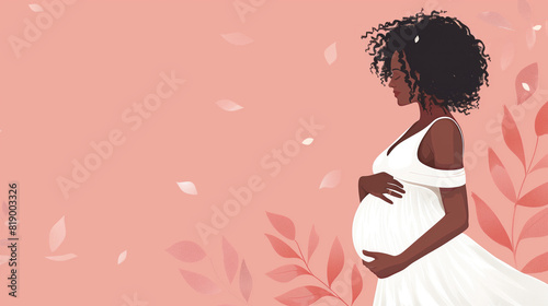 pregnant African American woman in a white dress, gently cradling her belly. The background is a soft pink with floral elements, highlighting the theme of motherhood and anticipation