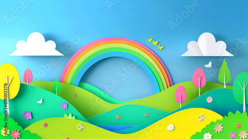 Paper cut bright summer rural landscape with rainbow  hills  meadow and blue sky. Environment concept.