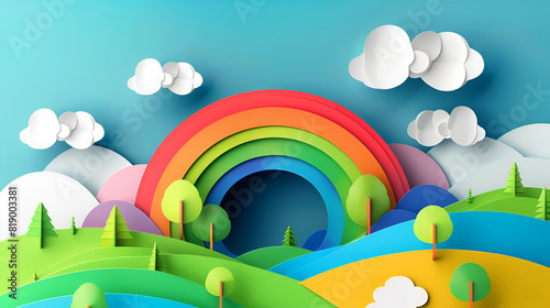 Paper cut bright summer rural scene with rainbow  green hills and blue sky. Environment concept.