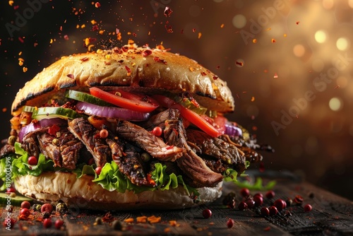 fresh grilled beef turkish or chicken arabic shawarma doner sandwich with flying ingredients and spices hot ready to serve and eat food commercial advertisement menu banner with copy space area photo