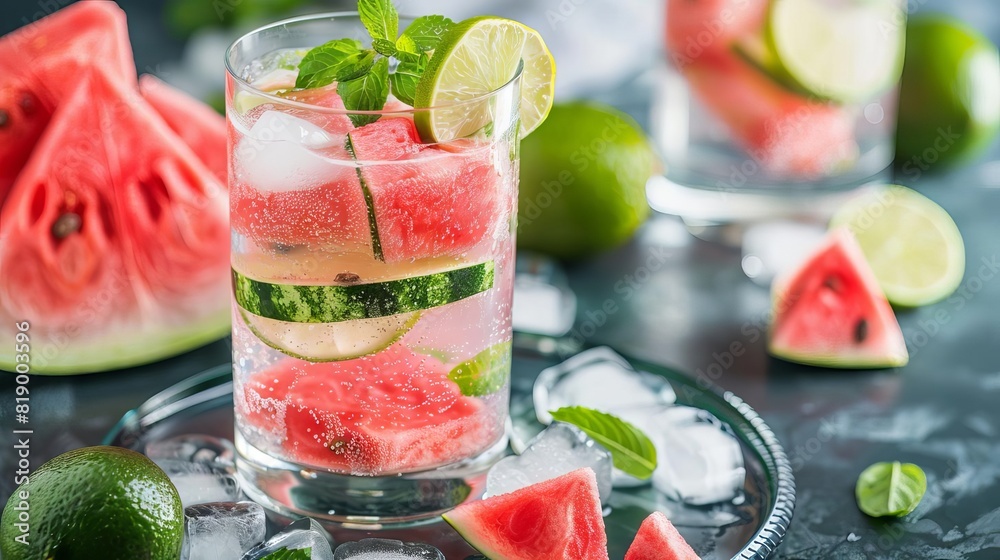 refreshing summer drink with lime and watermelon slices in clear sparkling water food photography refreshing summer drink with lime and watermelon slices in clear sparkling water food photography